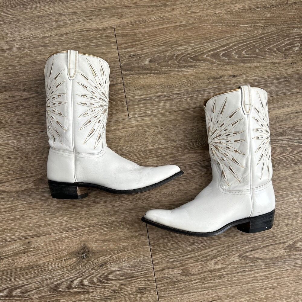 Vtg 50s Acme Peewee Starburst Inlay White Gold Leather Cowboy Boots 9.5C Women